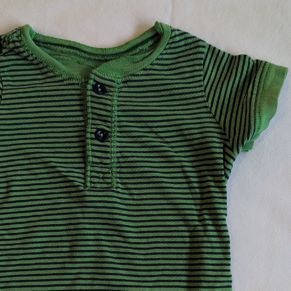babyGap striped henley short sleeve cotton bodysuit green navy blue 6-12 months